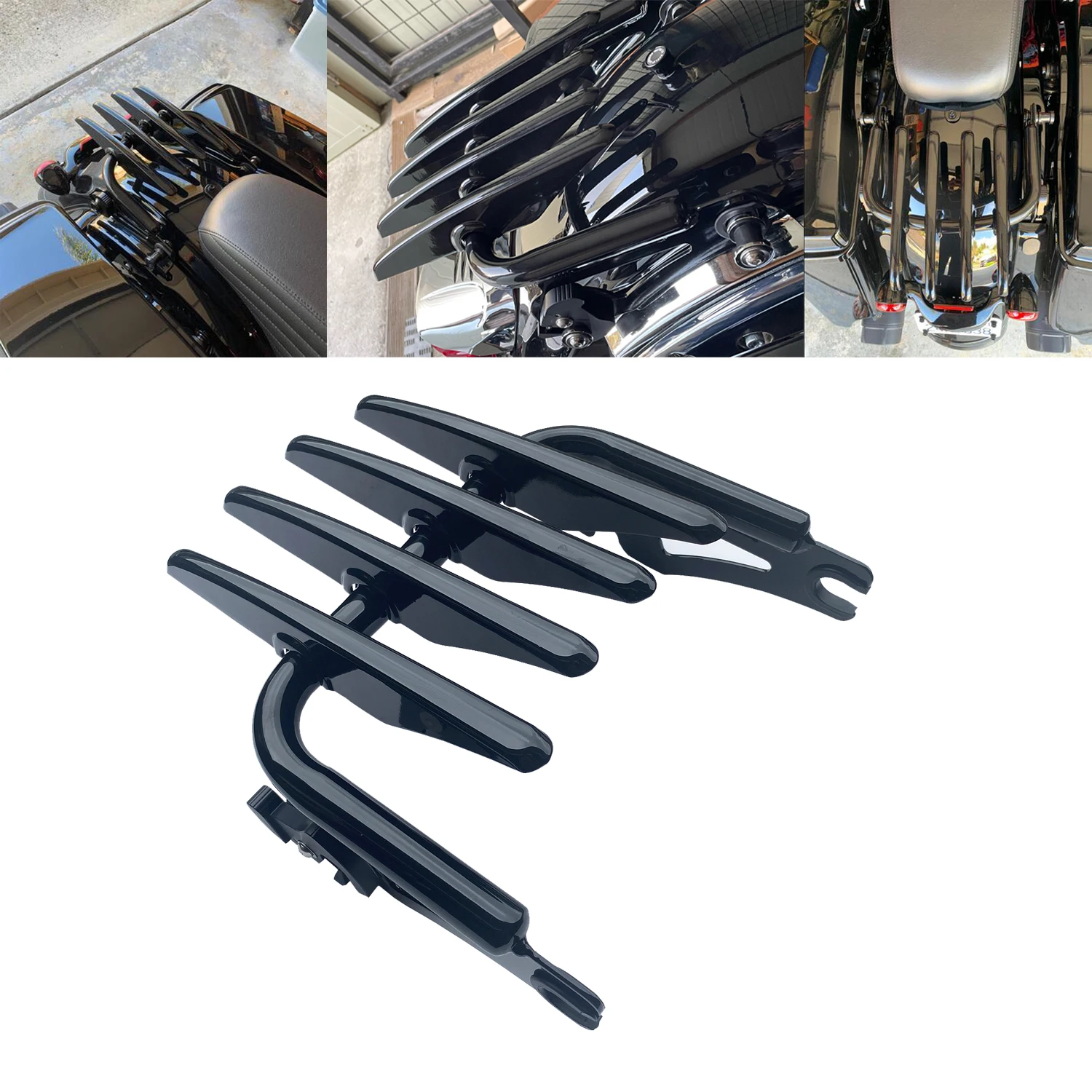 

Vivid Black Two-Up Detachable Stealth Luggage Rack Mounting For Harley Touring Street Glide Road King Electra Glide 2009-2023