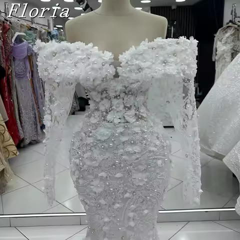 2025 Customized White Evening Dresses Arabic Pearl Off The Shoulder Mermaid Prom Dress Crystals Celebrity Dress Lace Party Gown