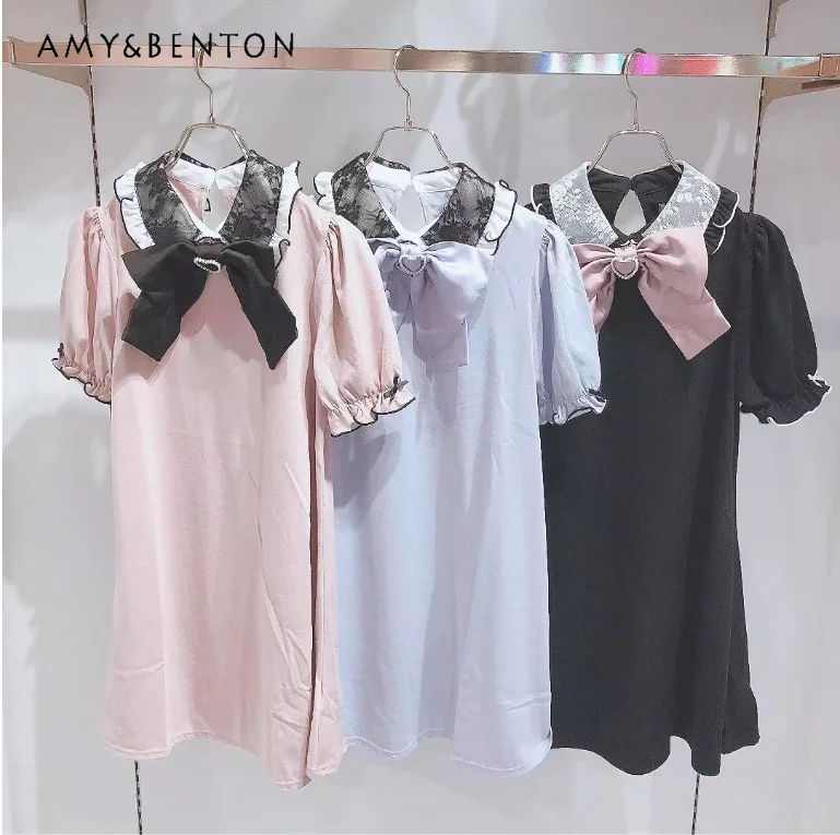 

Japanese Mine Mass-Produced Sweet Big Bow Lace Up Ruffle Short Sleeve Mini Dress Summer New Preppy Style Loose Slim A-line Dress