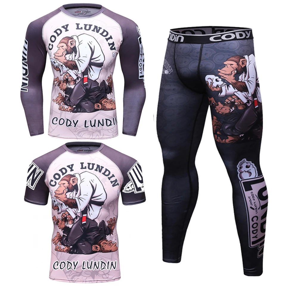 Rash Guard Jiu Jitsu t-shirty + spodnie zestawy Rashguard dla mężczyzn Kickboxing pot trening gimnastyczny MMA zestaw bokserski Muay Thai T-shirt