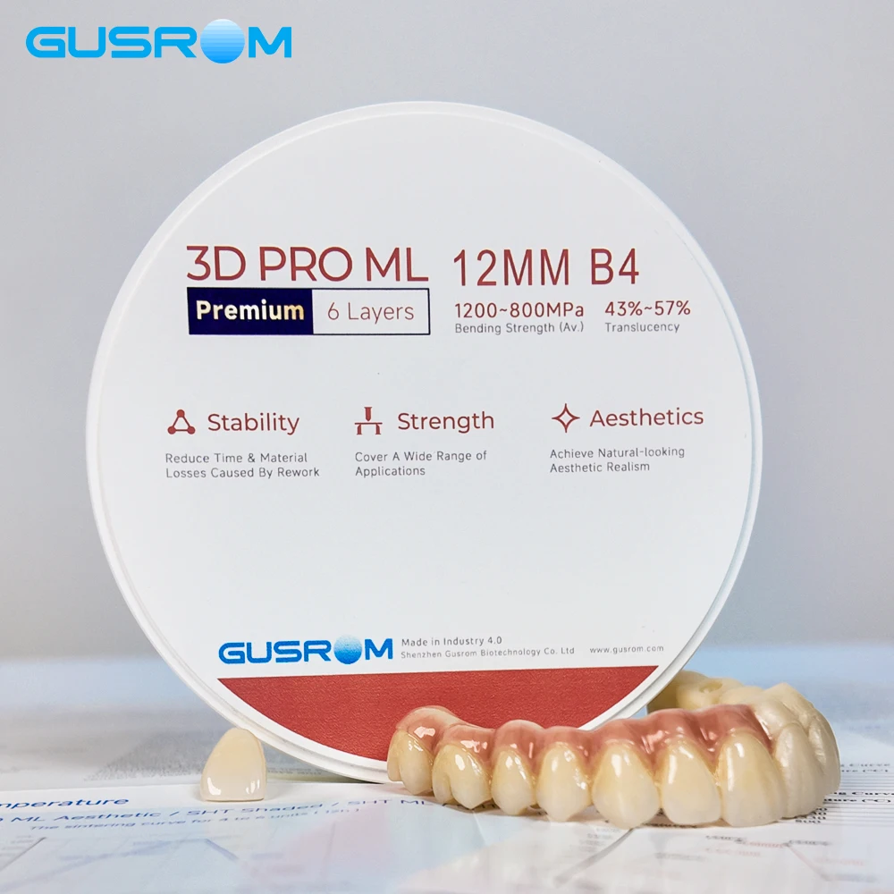 

GUSROM 3D PRO ML Премиум-блок из многослойного циркония B C D OM, 98 мм, 6 слоев, 1200 МПа, стоматологический циркониевый диск CAD/CAM
