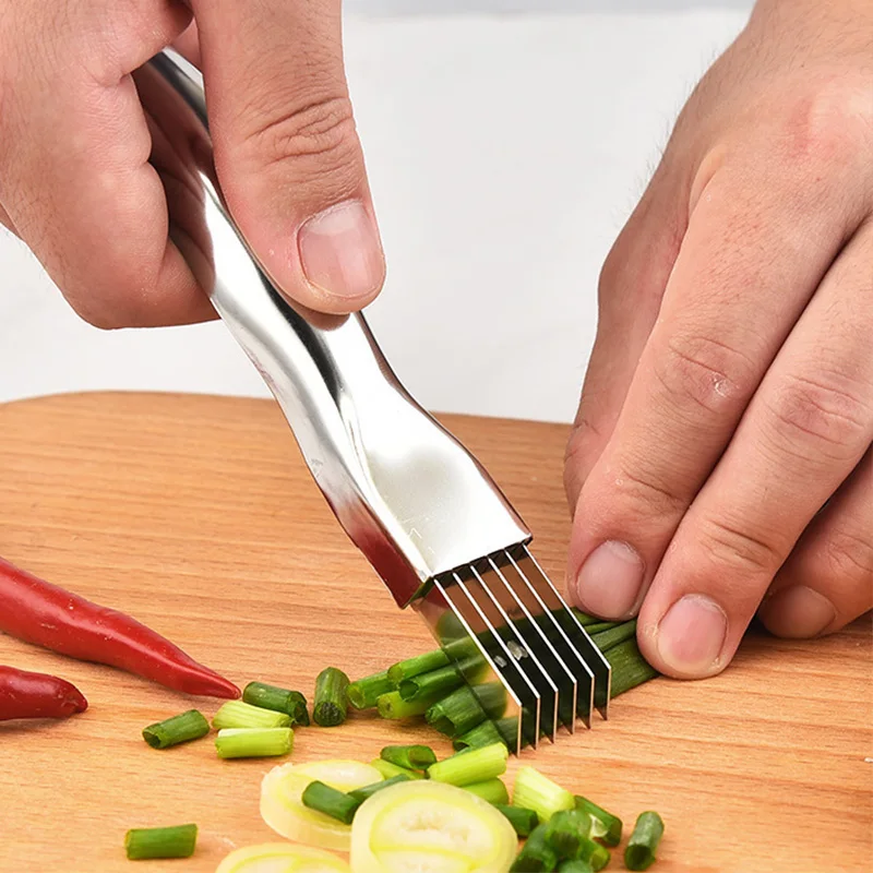 ​ Cuchillo de cebolla verde picado de acero inoxidable, cortador Manual de cebolla, picadora de verduras multifuncional, utensilio de cocina de fácil limpieza