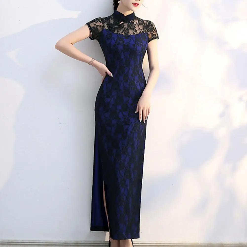 Women Dress Classic Chinese Style Vintage Hollow Lace Patchwork Stand Collar Short Sleeve Side Split Maxi Dress Qipao Cheongsam