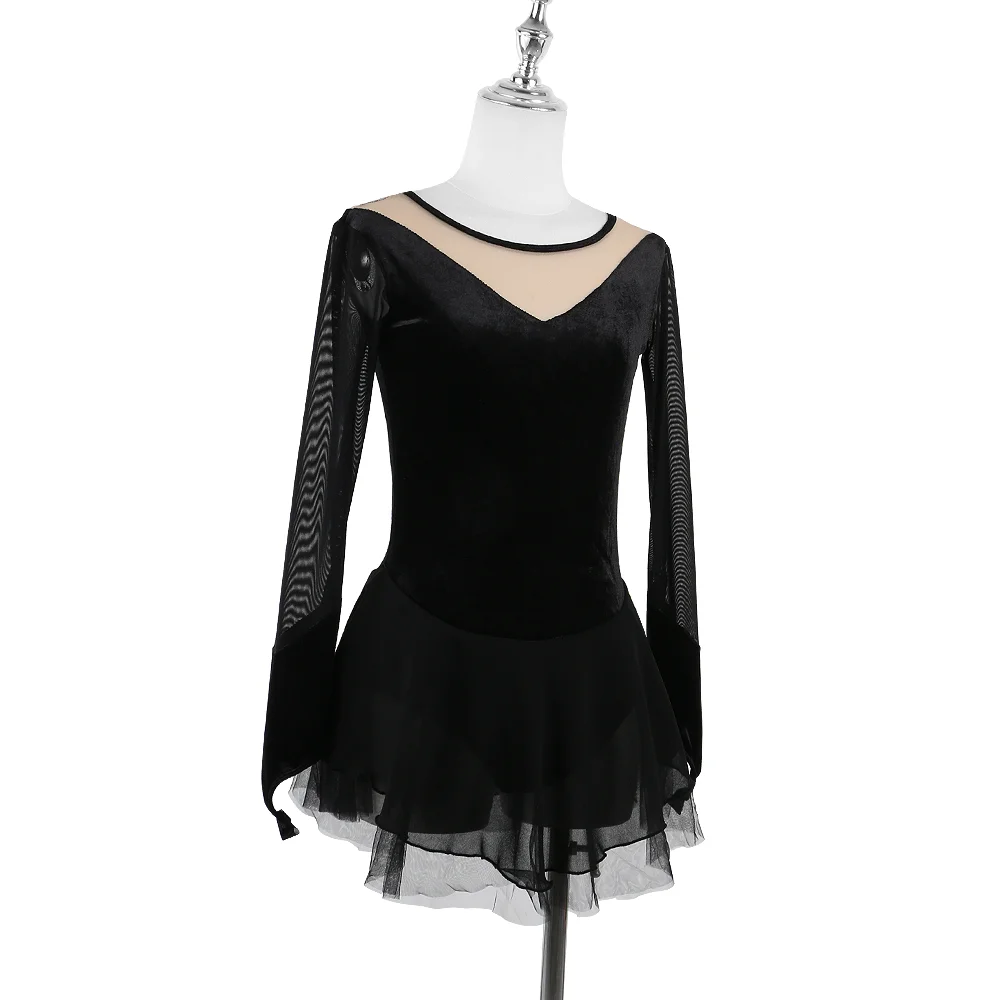 Zagitova Figure Skating Dress For Women Girls Ice Skating Clothes Long Sleeve Black Velvet Bubble Skirt With Diamonds