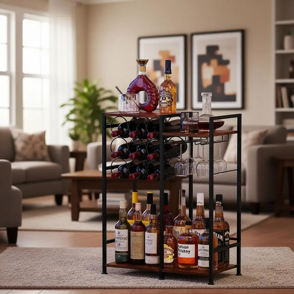 

Отдельностоящая винная полка на 9 бутылок с держателем для бокалов и местом для хранения, вместительный домашний барный шкаф