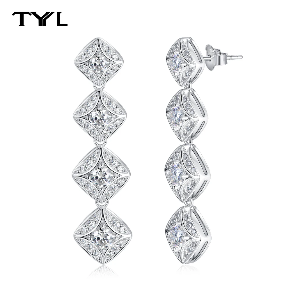 TYYL Luxury Moissanite Sugar Cube Long Drop Earrings for Women 925 Silver Bridal Wedding Event Pendant Dangle Ear Jewelry Gifts