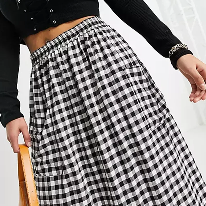 Plus Size Elastic Waist Black And White Checked Summer Elegant Midi Skirt Pocket Front Gingham A-line Skirt Large Size 6XL 7XL