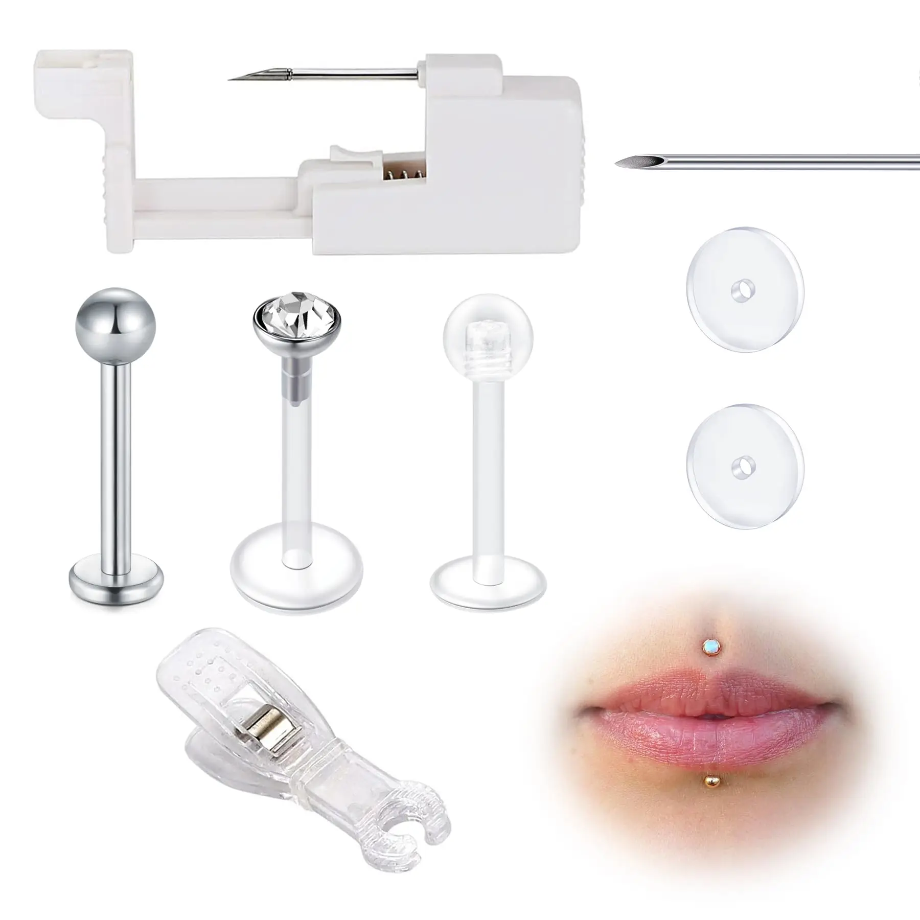 7pcs Lip Piercing Kit 13G Piercing Gun Stainless Steel & Acrylic Bioflex Tragus Retainer Lip Studs Ear Helix Earring 6/8/10/12mm