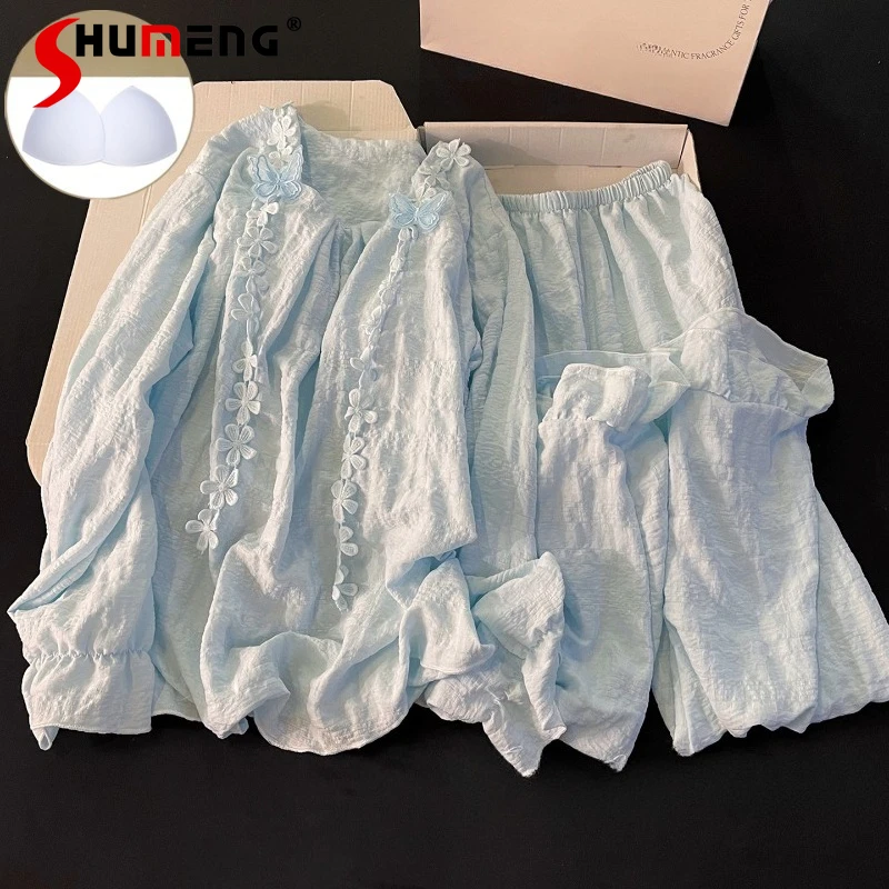 

Женские удобные пижамы с подушечками на груди, весенне-осенняя синяя домашняя одежда с бабочками, женский комплект домашней одежды из чистого хлопка с цветочным принтом