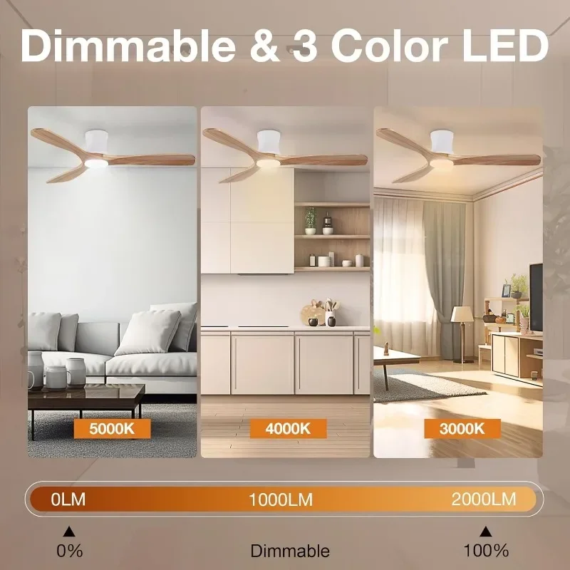 GérLights-Plafonnier Intelligent en Bois avec Télécommande, Moteur à Courant Continu Silencieux, Ventilateur de Plafond à Profil Ultra Bas, pour l'Extérieur et l'Intérieur