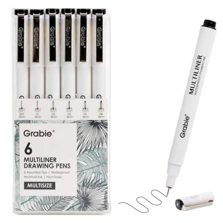 

Grabie Micro Finerliner Pens, 6 Black Fine Line Waterproof Drawing Pens, Assorted Point Sizes for Sketching, Illustration, Jour