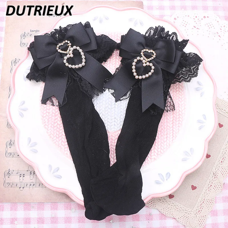 Handmade Sweet Lolita Socks Female Sweet Bow Pearl Heart Pendant Lace Tube Socks for Women Japanese Short Socks Kawaii Girls