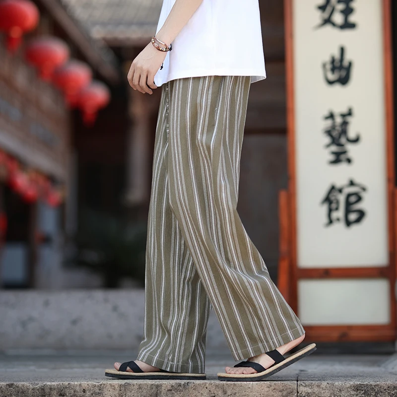 

Harajuku Contrast Color Stripe Wide Leg Trousers Vintage Cotton Linen Loose Knitted Casual Pant Y2k Aesthetic Men Straight Pants