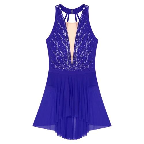 Imagen 2 del producto Vestido de patinaje artístico para mujer, leotardo de baile lírico, Ballet, gimnasia, tutú sin mangas, malla transparente, diamantes de imitación brillantes, Ropa de baile