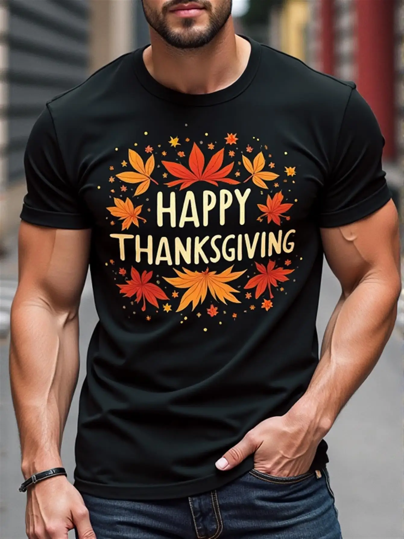 تي شيرت عيد الشكر كبير الحجم للرجال - طباعة نمط أوراق برتقالية سوداء، قابل للتمدد وغير رسمي للحفلات اليومية والعطلات