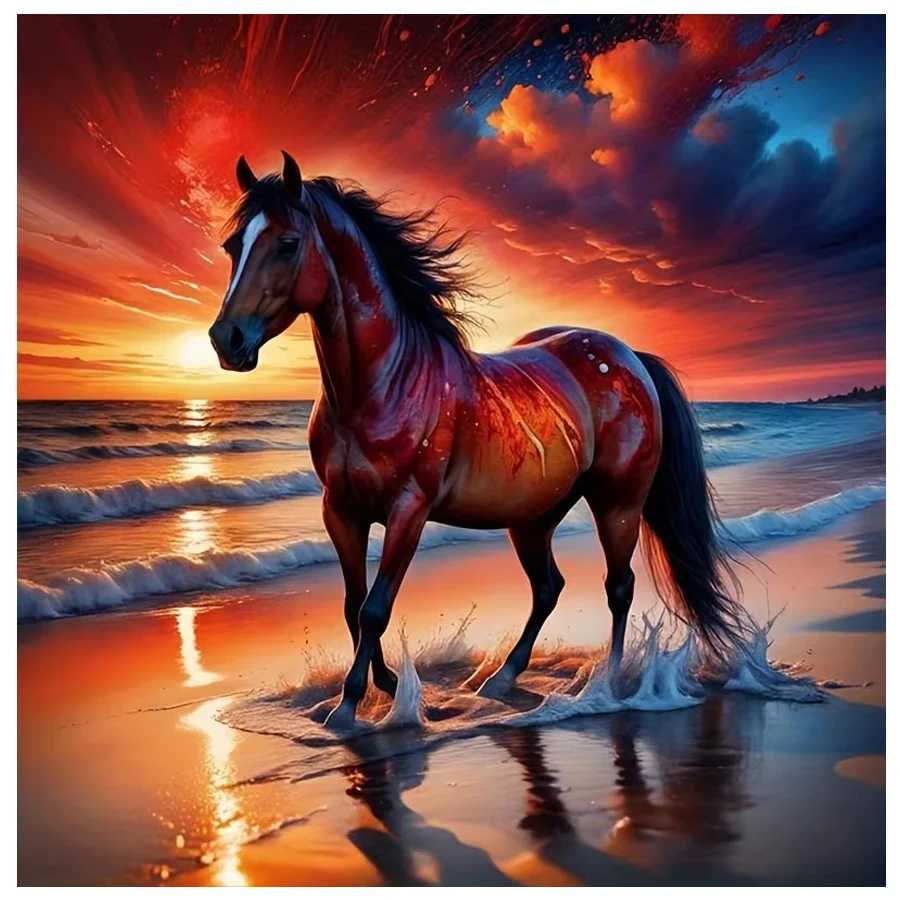 DIY Diamond Painting Set sunset Horse Red clouds Pattern, 5D Round Diamond mosaic Full Diamond embroidery handmade gift decor