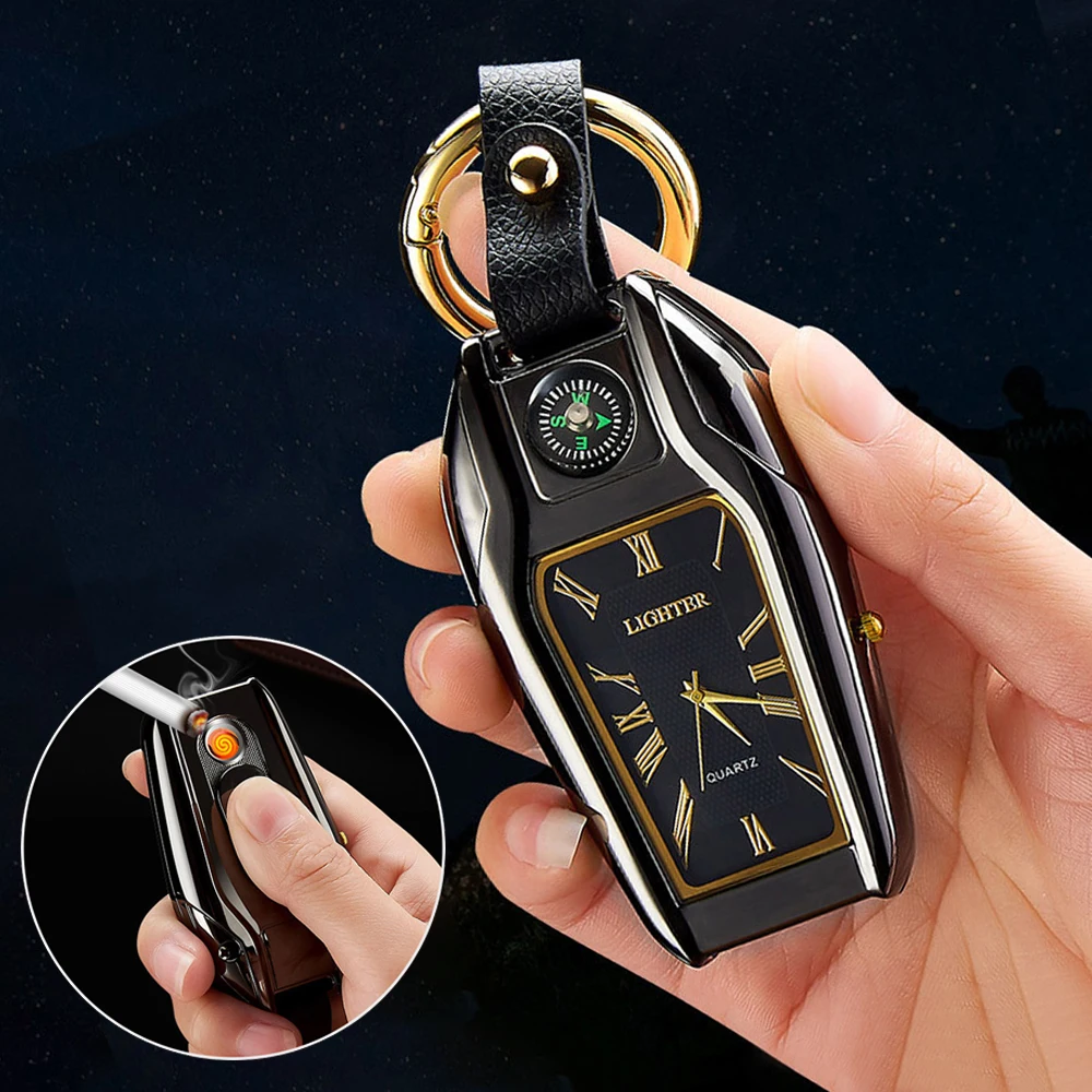 Metal Multifunctional Keychain Real Watch Tungsten Wire Ignition USB Charging Lighter Outdoor Compass Emergency Lighting Gadgets