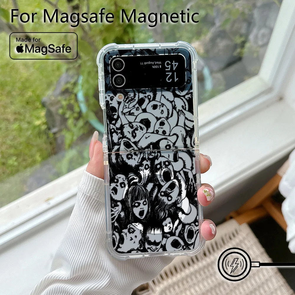 Anime Junji Ito Terror Horror Magsafe Magnetic Phone Case for Samsung Galaxy Z Flip 3 4 Z Flip 5 6 Z 5G Soft Transparent Cover