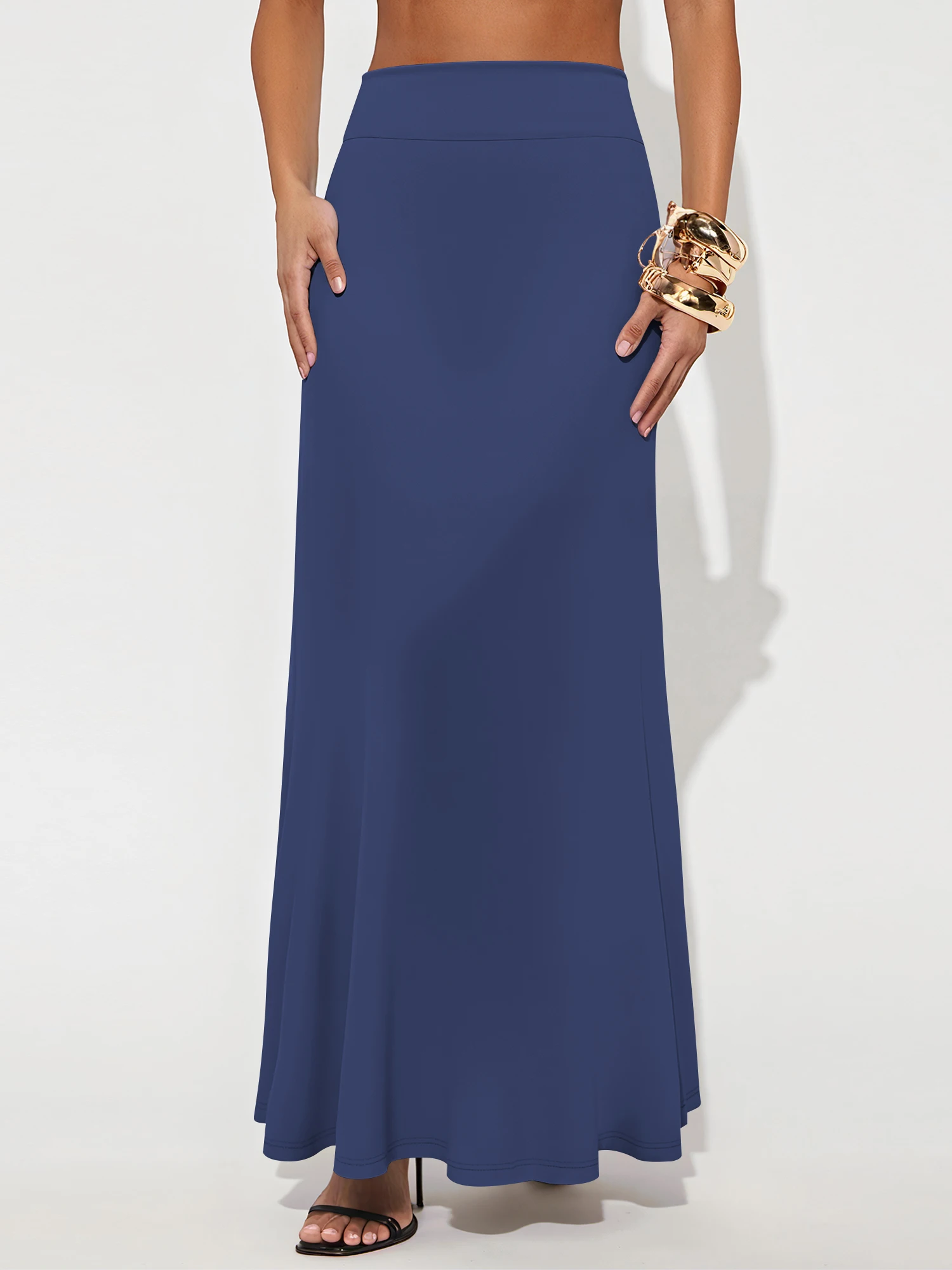 

Выбор для девушек с пышными формами! Струящаяся юбка макси с высокой талией, эластичная ткань скрывает живот, подол в форме русалки, облегающий крой подчеркивает изгибы, для повседневной носки.