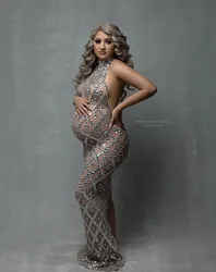 2024 Sexy Tulle Crystals Maternity Photo Shoot Dress Luxury Sequins Rhinestone Bodycon Dress For Pregnancy Photography