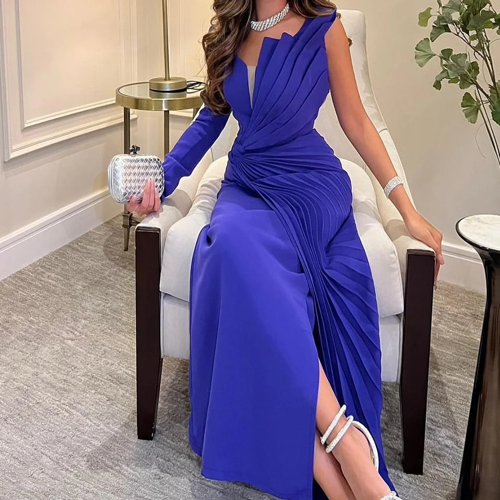 Customized Modern Front Slit Sweetheart One Shoulder Long Sleeves Evening Dress Graceful Graceful Pleats Photo Color Party Gown