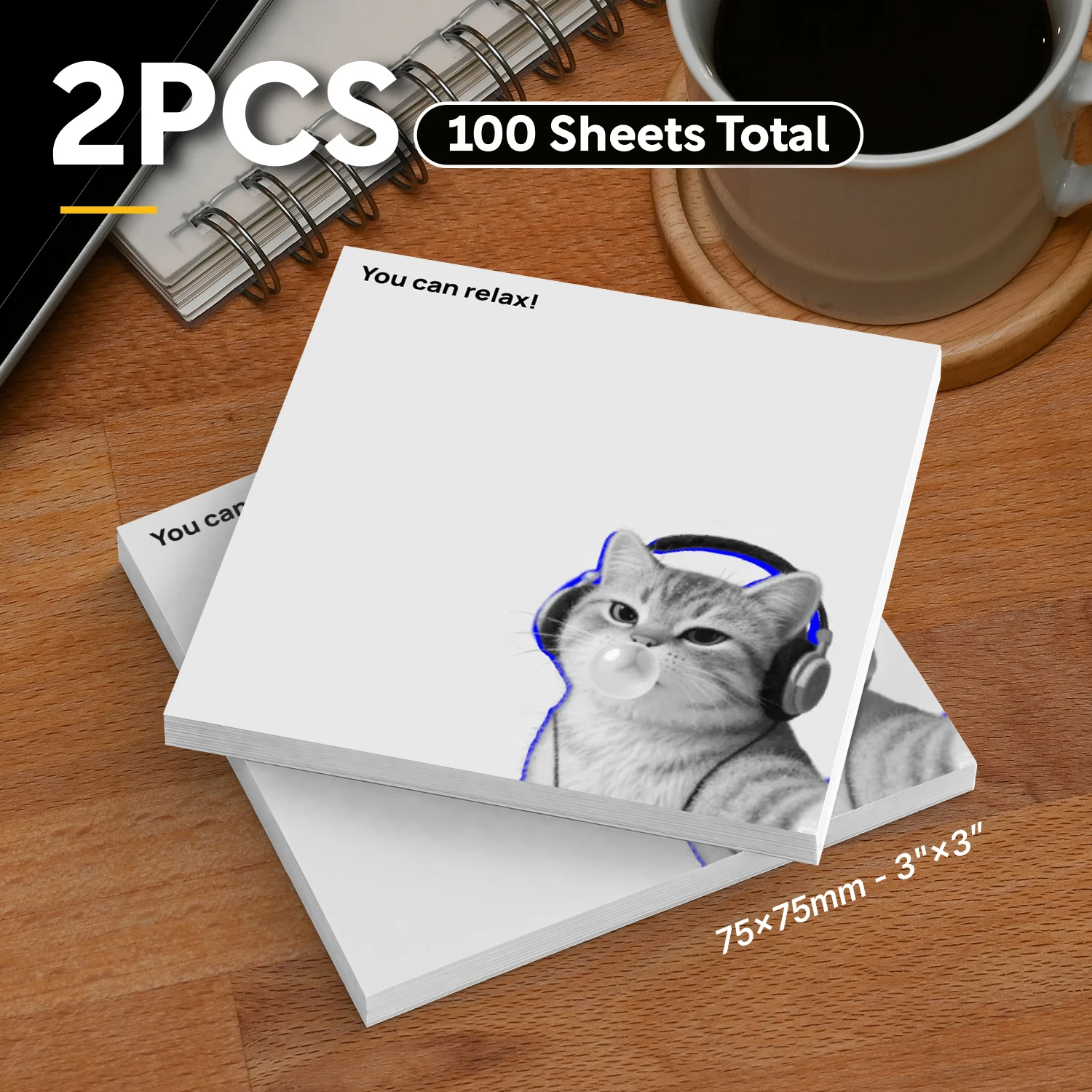 2pcs Funny Cat Sticky Notes, 100 Sheets Total, 3x3 Inch Self Stick Memo Pads, Cute Square Sticky Note Pads with Cat Design