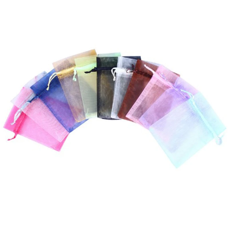 Sacos de Organza para Exibição de Jóias, Bolsas para Casamento e Presente de Natal, 10 Cores, 100 unid, 7x9 cm