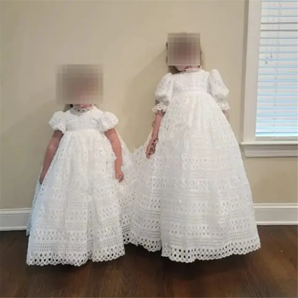 Half Sleeve White Lace Flower Girl Dress For Wedding Puffy Balloon Sleeve Pricness Pageant Birthday High Neck Girl Dresses