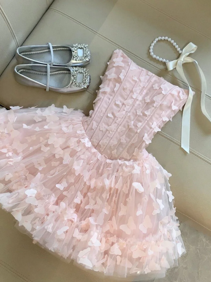 Women Strapless Pink Dress Summer Sweet Butterfly Mesh Mini Dress Slim Elegant Fairy Style Layered Ruffle Skirt Princess Outfits