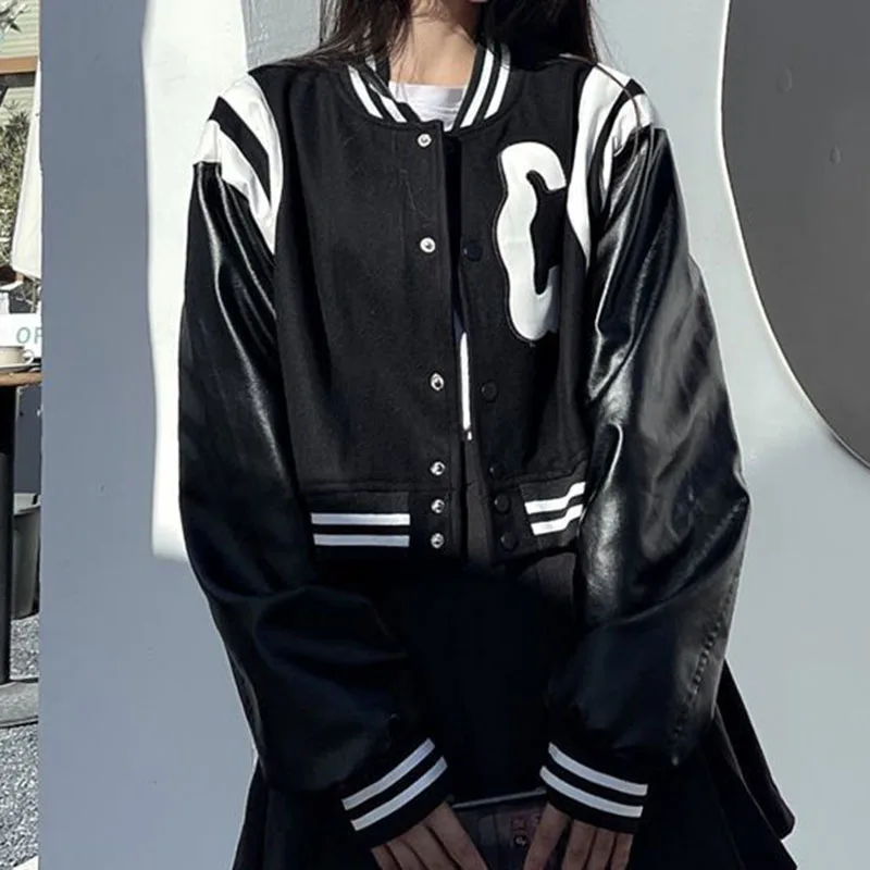 Black Baseball Jacket Women Long Sleeve Pu Patchwork Cropped Bomber Jackets Fashion Loose Outwear Streetwear Female Coat