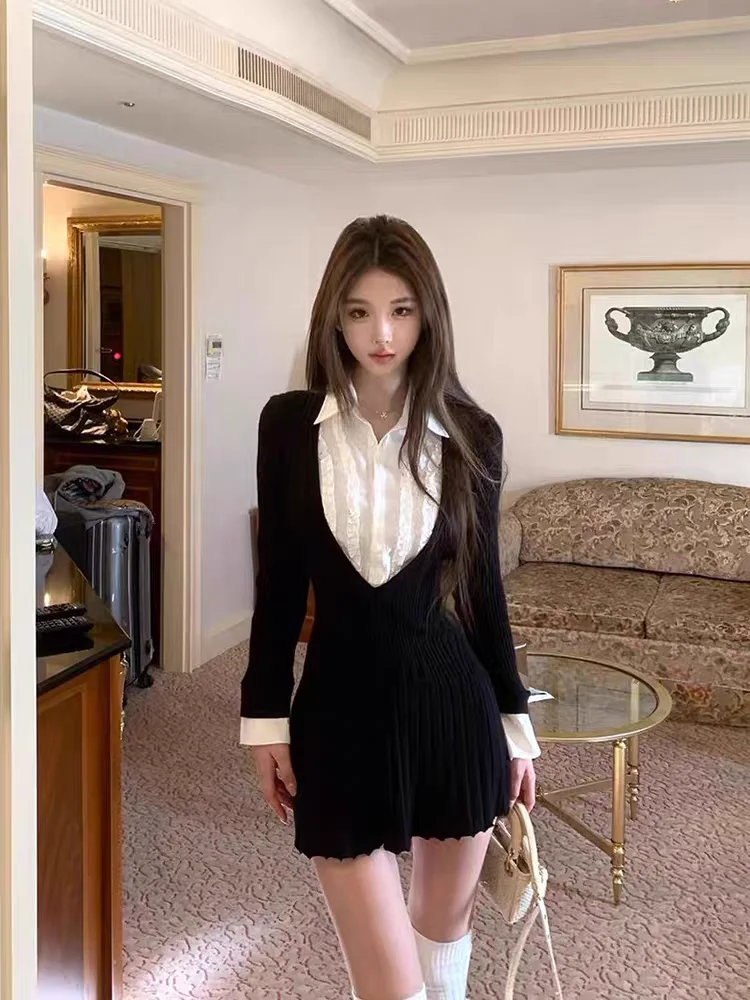 Autumn Winter Plaid Shirt Collar Pleated Short Skirt Women Pure Desirable Spicy Waist Cinching Slimming Inner Knitted Dress