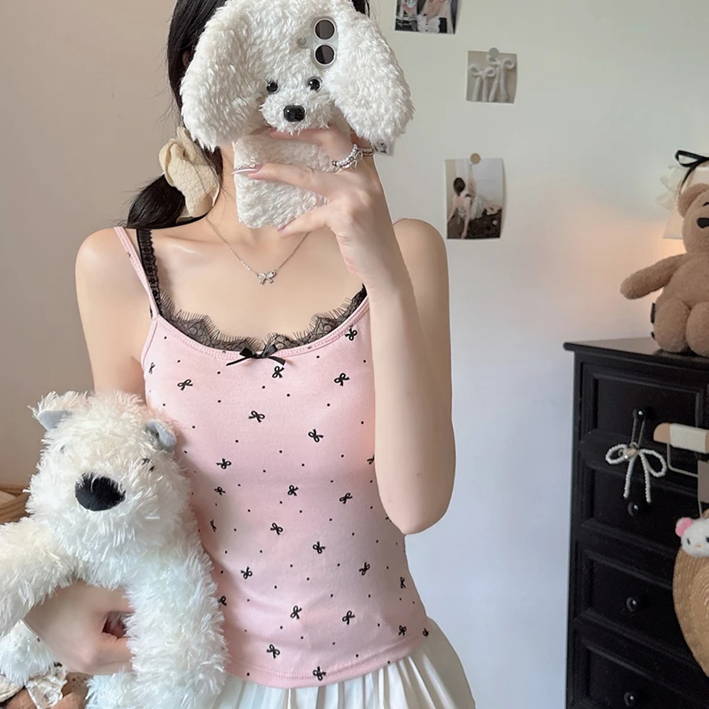 

Summer Women's Sweet Polka Dots Bow Print Sleeveless Slim Vest With Chest Pad