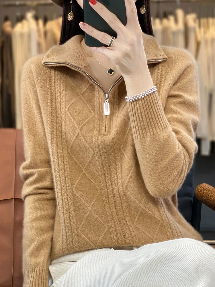 

Autumn Winter Women Zipper Pullover Turn-Down Collar Thick Cashmere Sweater 100% Merino Wool Knitwear Rhombus Knitting New Top