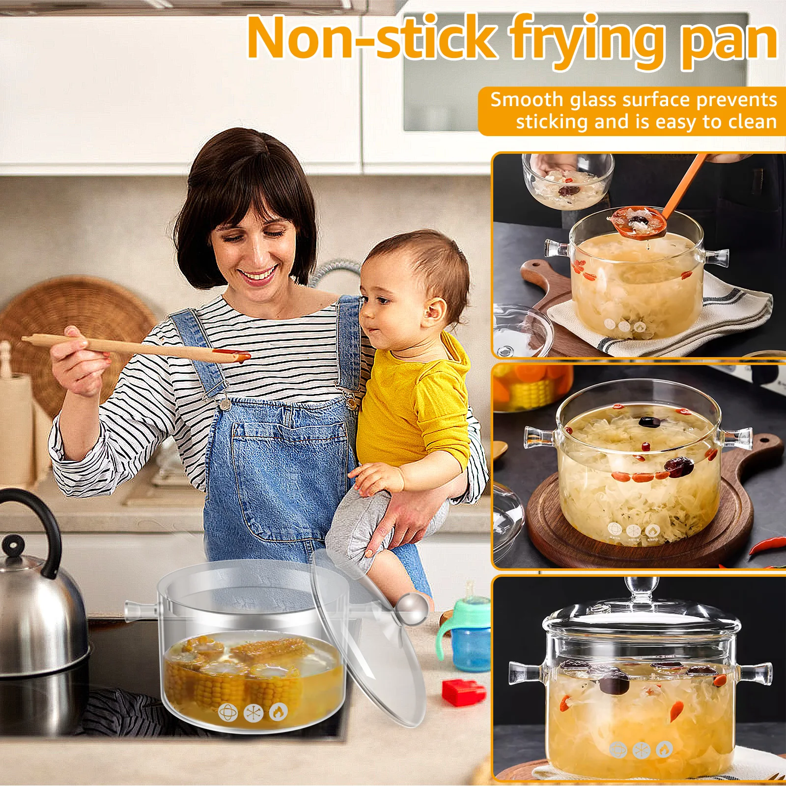 1.5L Glass Simmer Pot with Lid and Handles Clear Cooking Pot Heat Resistant Sauce Pan Nonstick Stew Pot Multifunctional Soup Pot