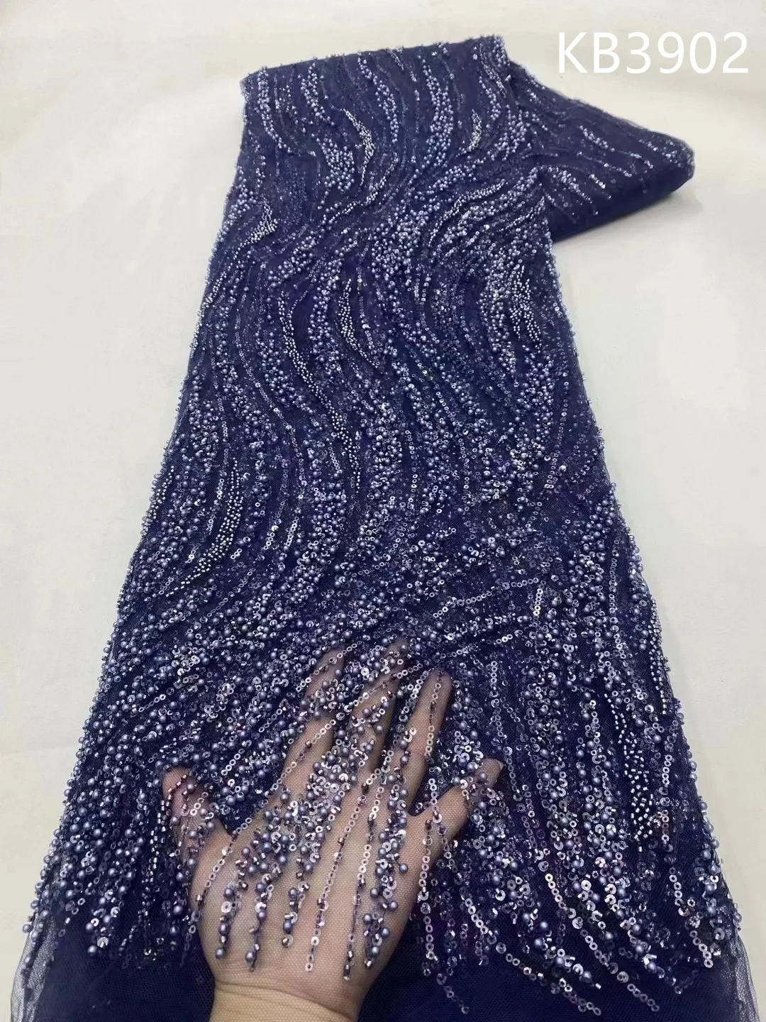 

Новинка 2024, темно-синяя вышитая бисером французская сетка, вышивка в африканском стиле, вышивка блестками, кружево для свадебного платья KB3902