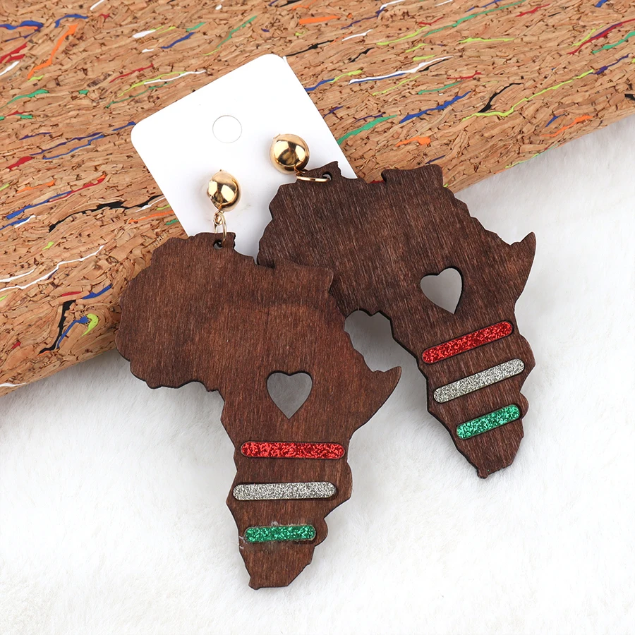 Handmade Rasta African map Wooden Earrings