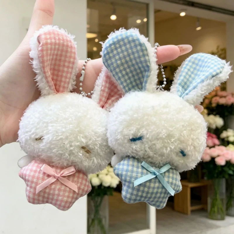Cute Soft Plush Rabbit Keychains Blue Plaid Long Ear Bow Bunny Doll Pendants Bag Charms Kawaii Backpack Ornament Jewelry Gifts