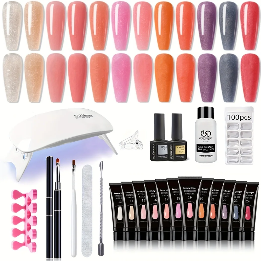 

Complete Poly Nail Gel Kit with Lamp Starter - 0.51oz 12 Colors Curable Poly Gel Polish, Light Slip Solution, Rhinestone