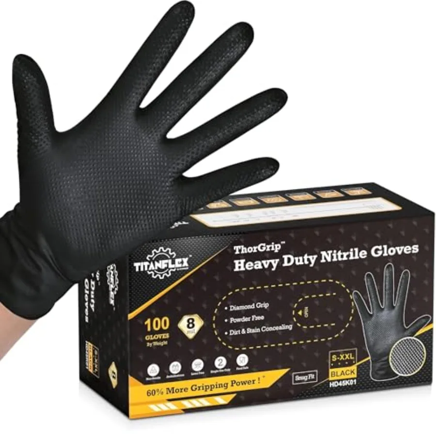 

TitanFlex Heavy Duty Black Industrial Nitrile Gloves with Raised Diamond Texture, Latex Free 6mil/8mil