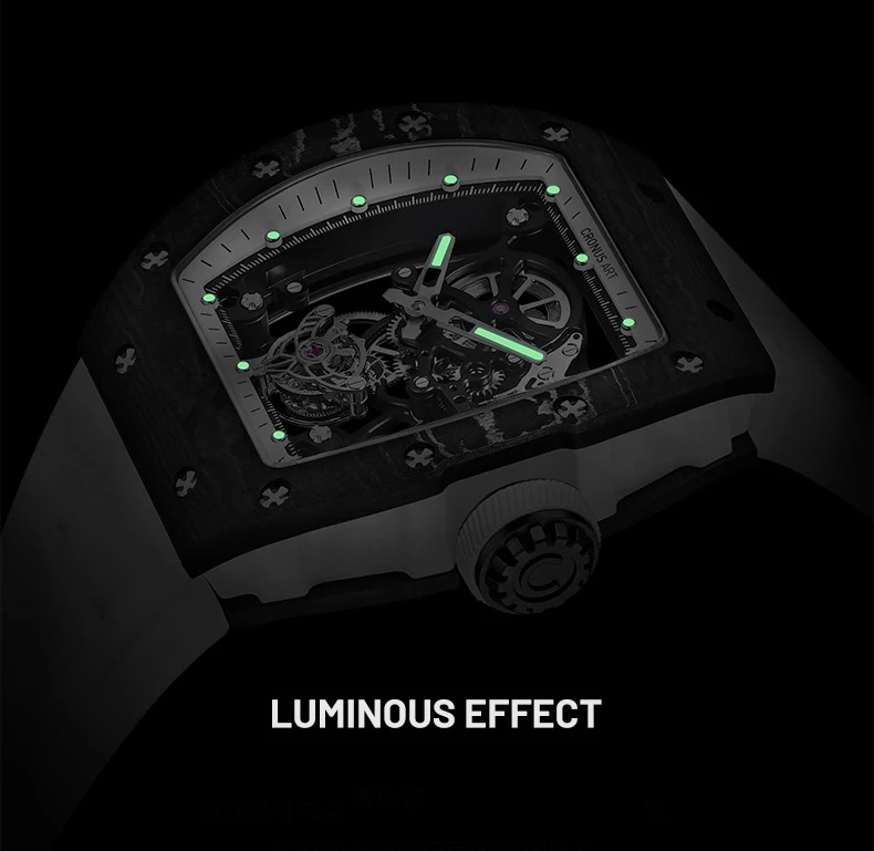 CRONUSART Orologio da uomo Tourbillon Tonneau Orologio da polso meccanico Cassa in fibra di carbonio Cinturino luminoso in gomma fluorurata Versione limitata