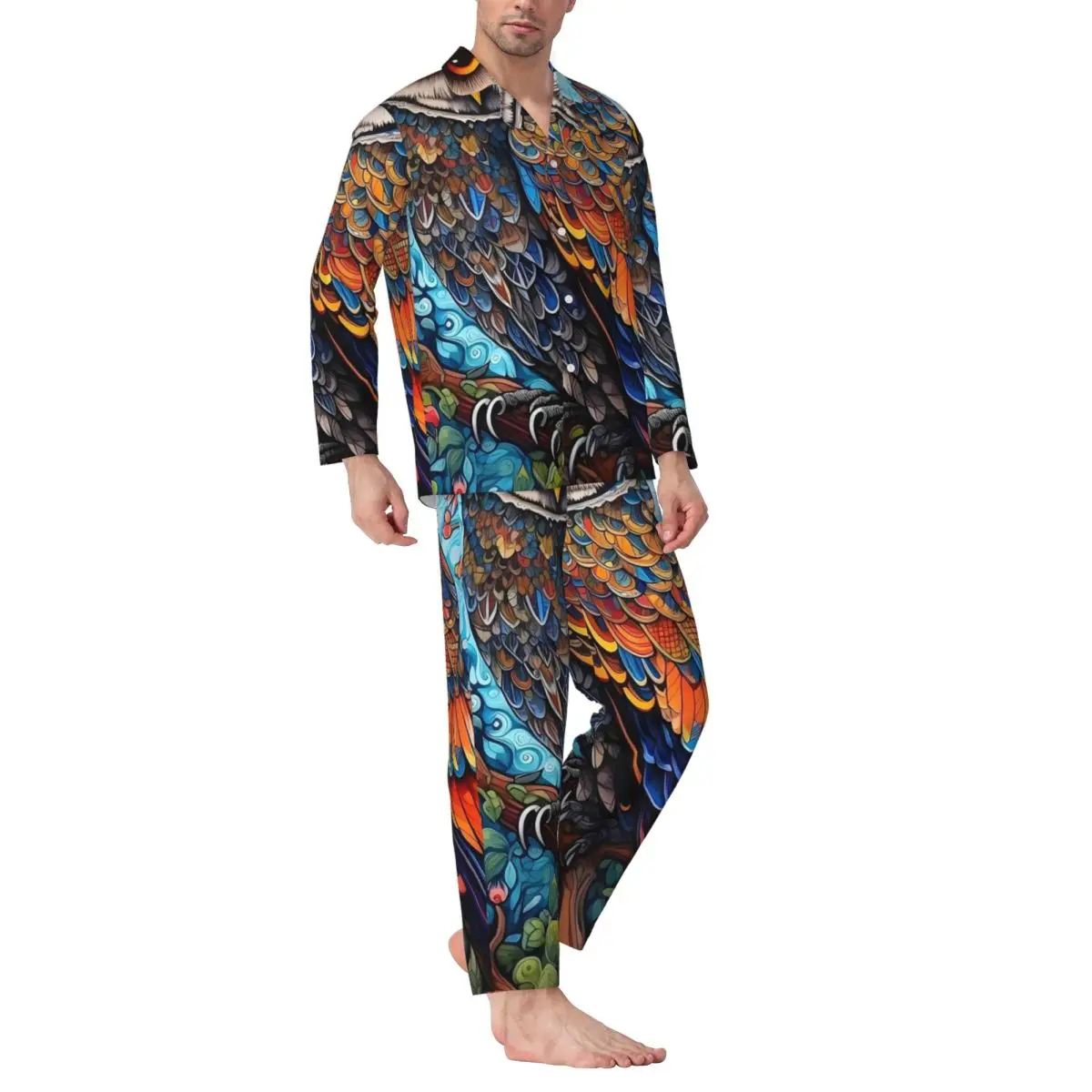 Pajamas Male Bold Owl Sleep Sleepwear colorful floral 2 Piece Casual Loose Pajama Set Long Sleeve Lovely Oversize Home Suit