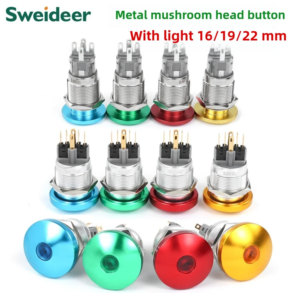 16/19/22mm Mushroom Head IP65 Waterproof Button Switch with Light  Self Resetting Self-locking Jog Metal Button Red Green Blue