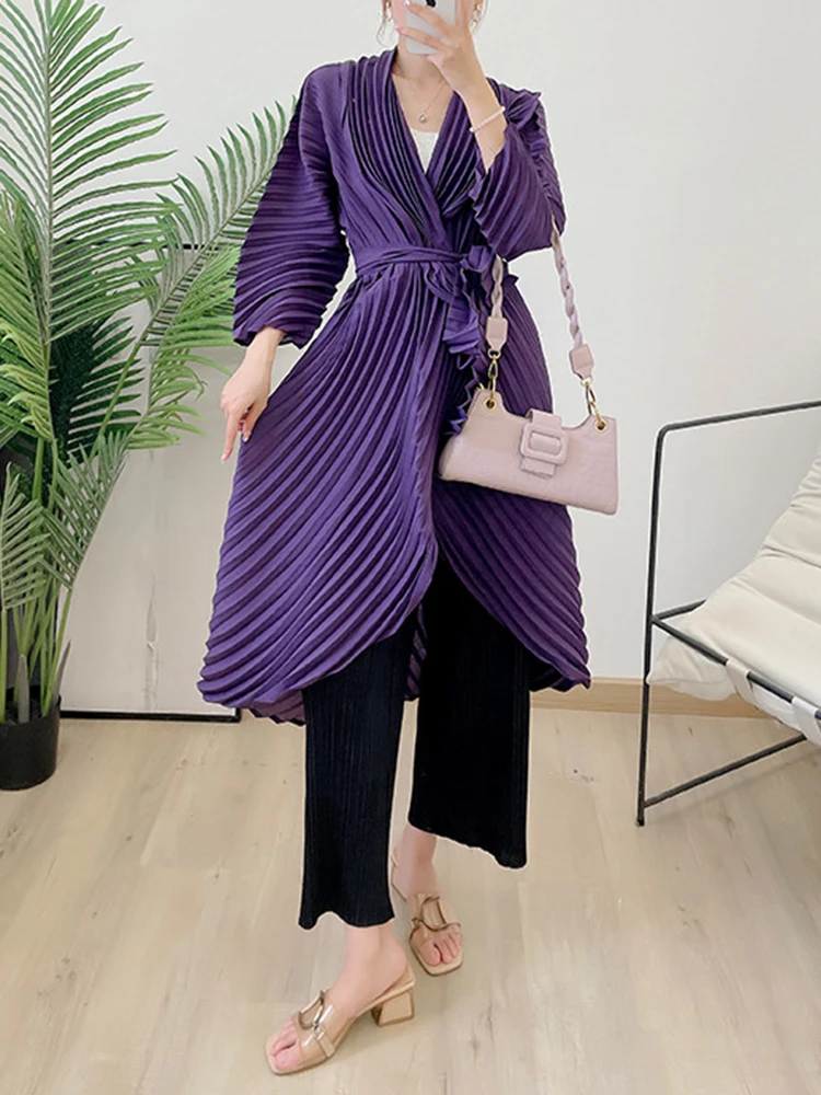 Imagem -03 - Gvuw Vendido Cor Plissada Trench Coat Mulheres Ponto Aberto Bandage Irregular Midi-comprimento Moda Outono Senhora Elegante Cabolsa 17d2418