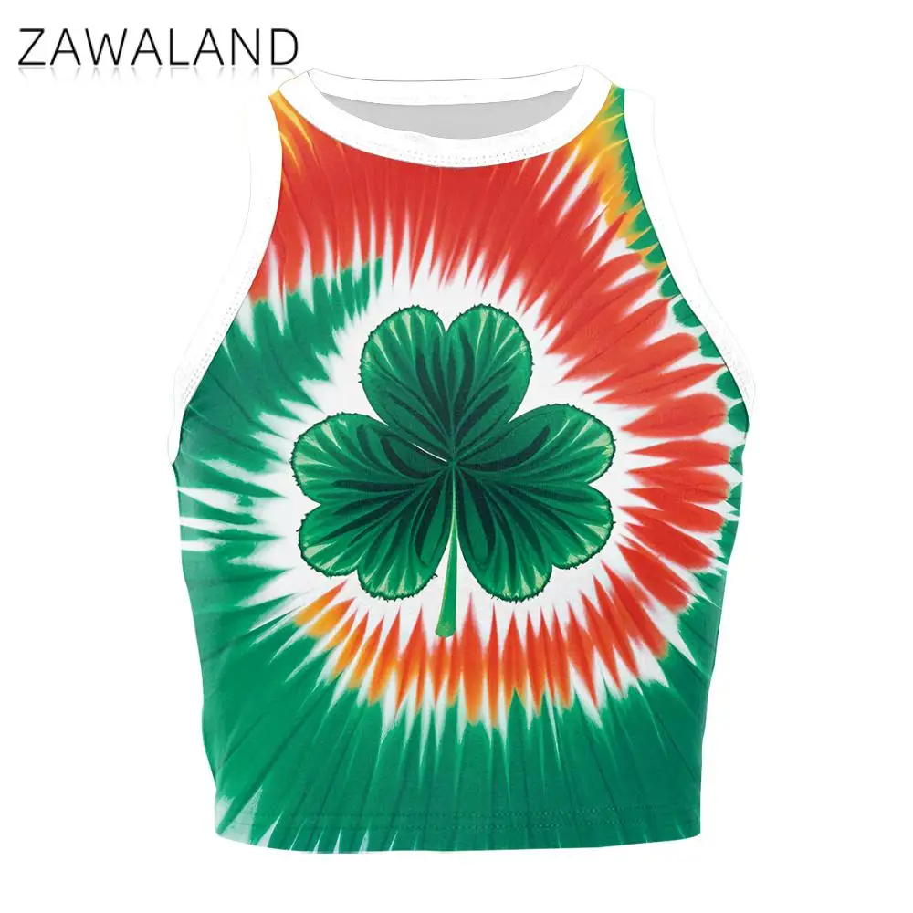 Lucky Clover Print Vest for Women St. Patrick's Day Tie Dye Crop Top Green Streetwear Holiday Female Sleeveless Tank Tops