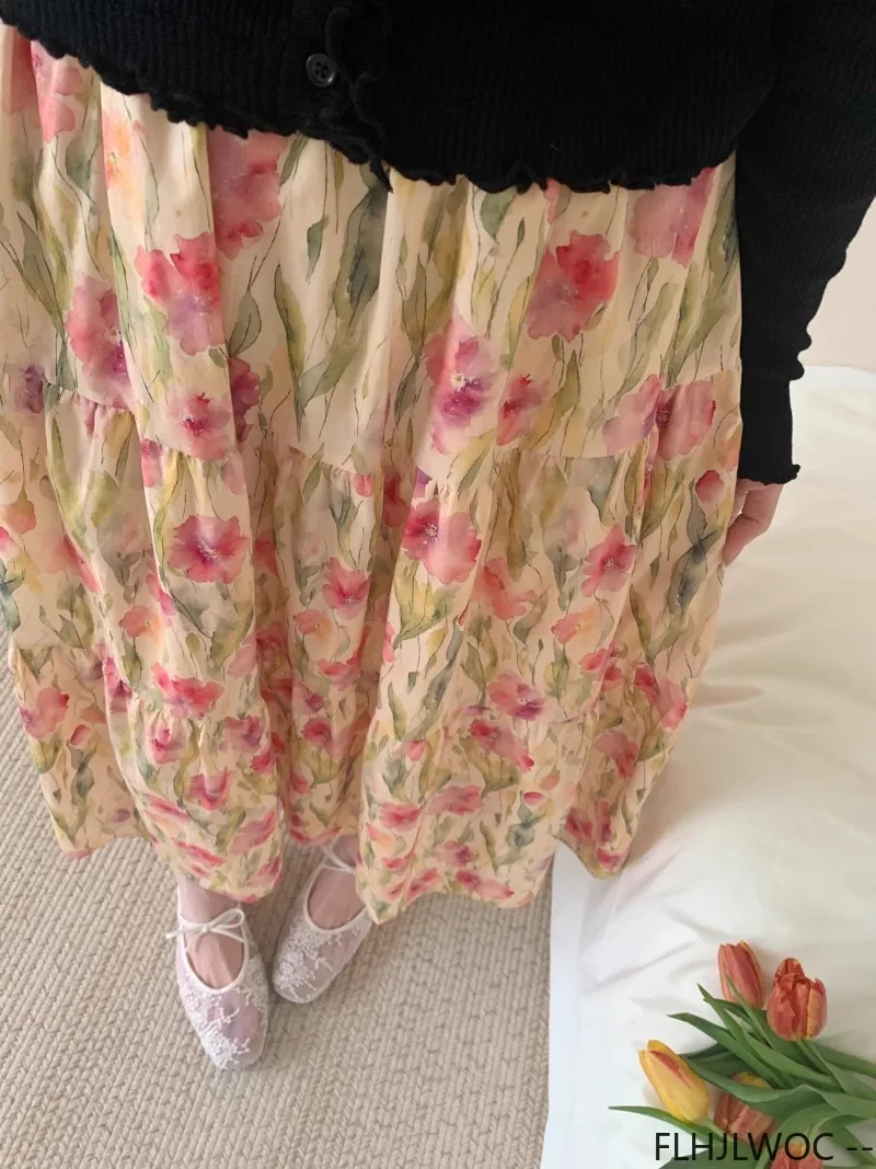 Village Rustic Country Style Cute Skirt New Design Women Sweet Japan Girls Holiday Date Retro Vintage Flower Floral Long Skirts