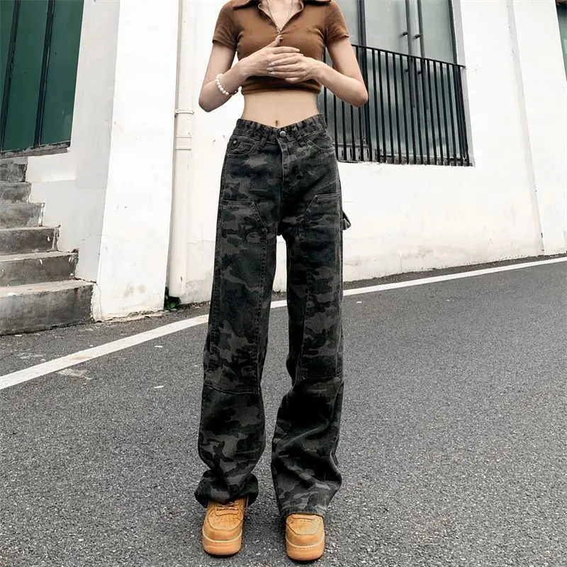 

Fashion New Style Women's Camouflage Cargo Jeans Loose Large Size High Waist Autumn Ladies Straight Leg Pants