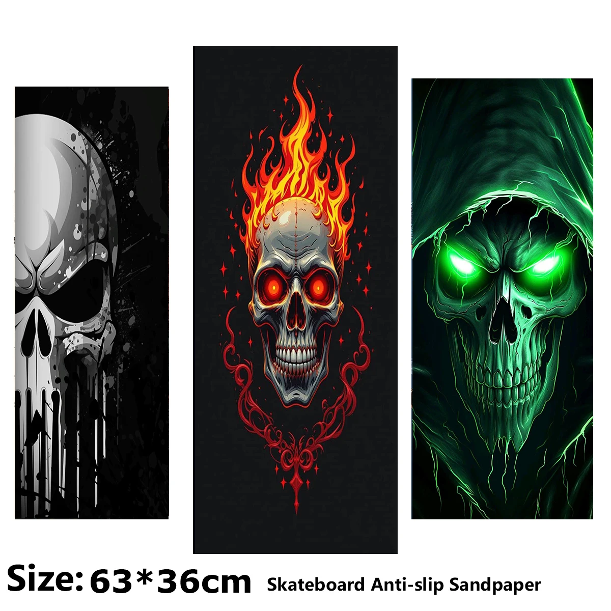 

Black and White Green-eyed Skull Pattern Electric Scooter Anti-slip Sticker Sandpaper Skateboard Grip Tape Sheet 63*36cm