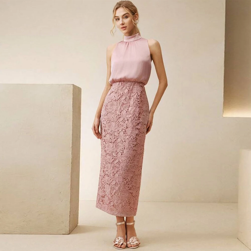 

Soft Mermaid Pink Lace Evening Dress Delicate High Collar Prom Dresses Graceful Sleeveless Customized Special Occasion Gowns