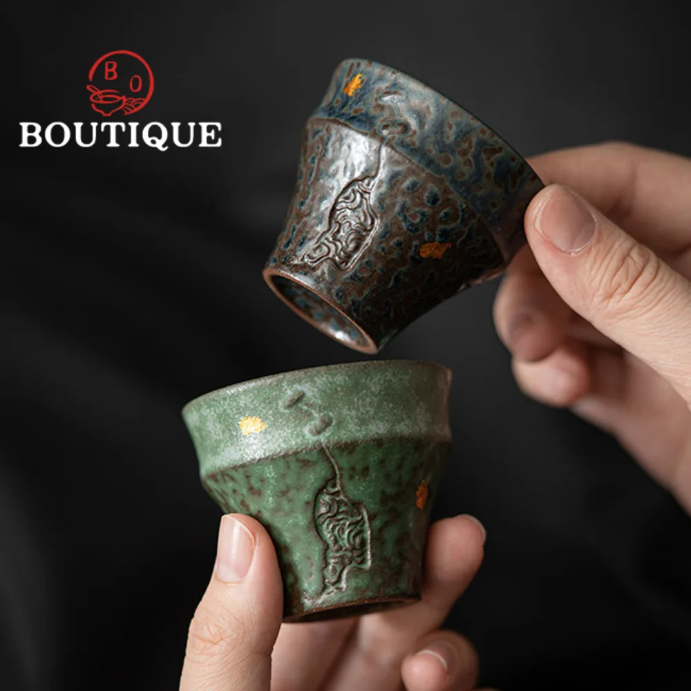 Tasse à thé bleu paon faite à la main, or saupoudré de luxe, belle tasse à thé, bol à thé, tasse à parfum, fournitures de thé, cadeau, 50ml, ensemble de 2 pièces
