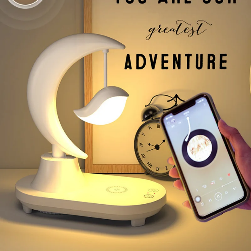 

Cute Moon Bird Bedroom Table Lamp Wireless Charger With Bluetooth Speaker LED Digital Colorful Night Light Desk Lamp Fm Radio